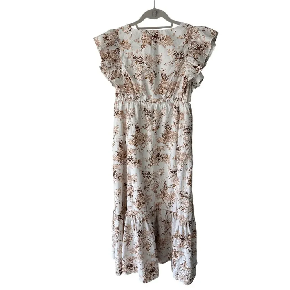 Abercrombie & Fitch White and Brown Floral Cap Sleeve Maxi Dress Medium
